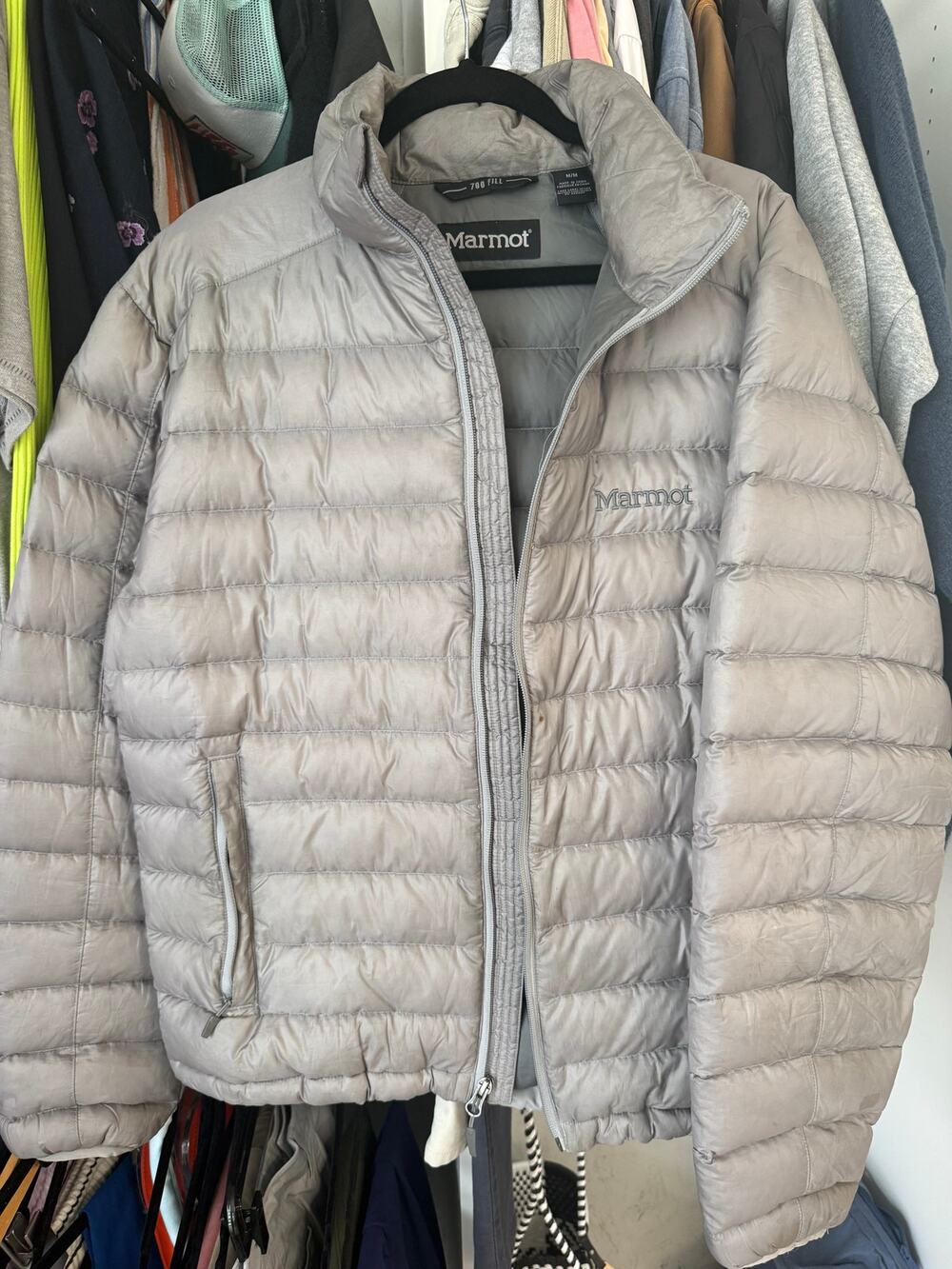 Marmot Men's Zeus Puffer Jacket Coat in Gray Silver Size Medium 700 Fill